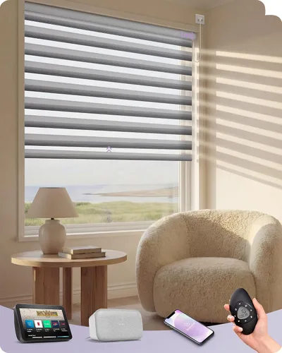 Vista 33 de Graywind Persianas motorizadas de cebra para ventanas, persianas inteligentes 100 % opacas con control remoto, persianas de cebra personalizadas
