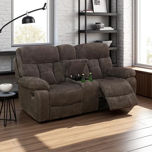 Vista 12 de Juego de sofá reclinable manual de pana extragrande para sala de estar, juego de sofá de pana con mesa desplegable y portavasos para Beige