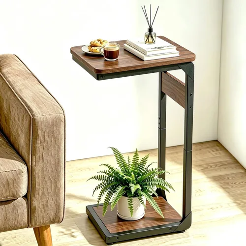 Vista 12 de Mesa auxiliar pequeña con pedestal de madera para sofá, mesa auxiliar en forma de C, bandejas de TV para comer, bebidas de café, cena, comida