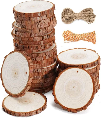 Vista 10 de wohohoho 24 piezas de rebanadas de madera natural de 2.4 a 2.8 pulgadas, kit de madera para manualidades sin terminar, preperforado con agujero