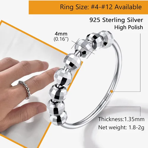 Vista 4 de PROSILVER 925 Sterling Silver Fidget Rings For Women Dainty Beads Spinner Ring For Anxiety Relief Size 4-12 Come Gift Box