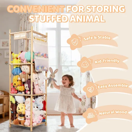 Vista 3 de Organizador de almacenamiento de animales de peluche, soporte grande de madera para juguetes de zoológico con bolsillos, peluches, almacenamiento