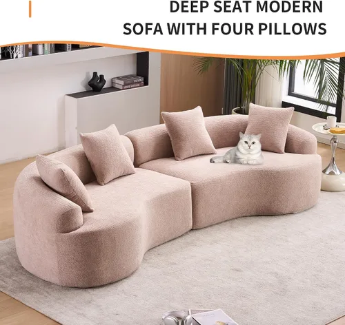 Vista 5 de Sofá modular curvado de 110 pulgadas para sala de estar, moderno sofá modular de felpa de felpa de gran tamaño con asiento profundo comprimido sin