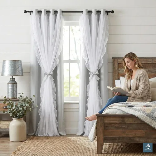 Vista 16 de PONY DANCE Cortinas con Volantes de Doble Capa con Superposición Transparente, Decoración Elegante para Ventanas de Diseño Rústico Francés de Campo