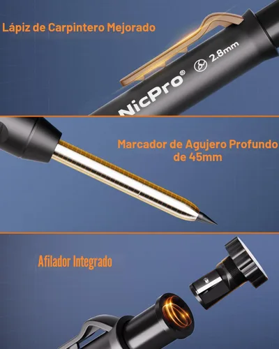 Vista 8 de Nicpro Juego de 31 lápices de carpintero con sacapuntas, lápices mecánicos de carpintero con 128 piezas de recargas y herramienta de grabado