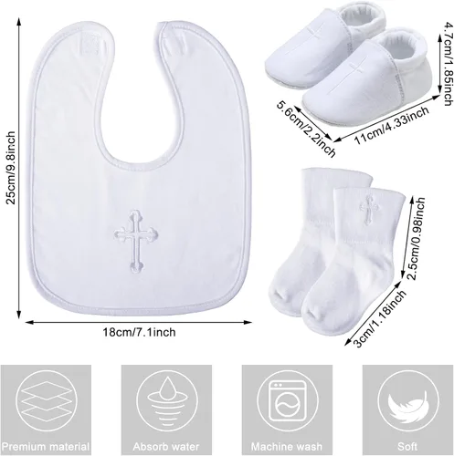 Vista 2 de Hicarer 5 piezas de regalos de bautismo para niños y niñas, incluyendo babero blanco bordado cruz babero bautizo zapatos y calcetines para bebé bebé