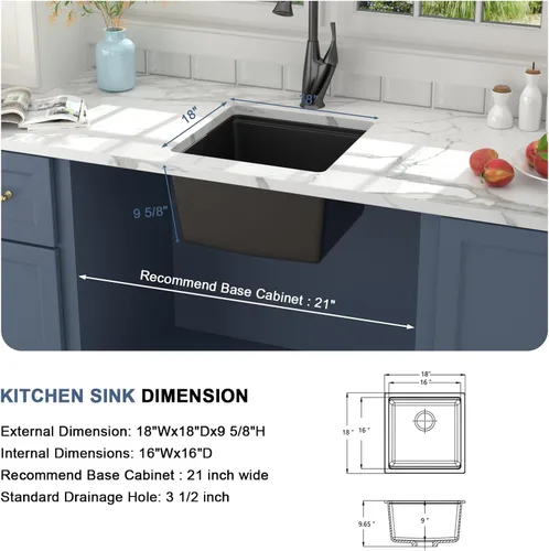 Vista 5 de Lordear Fregadero de Bar Empotrado de Granito Compuesto de 18 Pulgadas 18"x18" Fregaderos de Cocina de Cuarzo Compuesto Negro de Un Solo Tazón Bajo