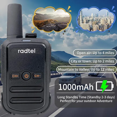 Vista 3 de Radtel RT12 Walkie Talkies para adultos recargable, paquete de 2 unidades, radio bidireccional FRS de mano de largo alcance de 16 canales, manos