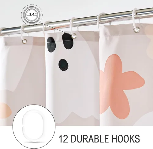 Vista 6 de Juego de cortina de ducha de baño con fantasmas florales con ganchos, cortinas de ducha de tela resistente de 180 GSM, 72 x 72 pulgadas, bonita