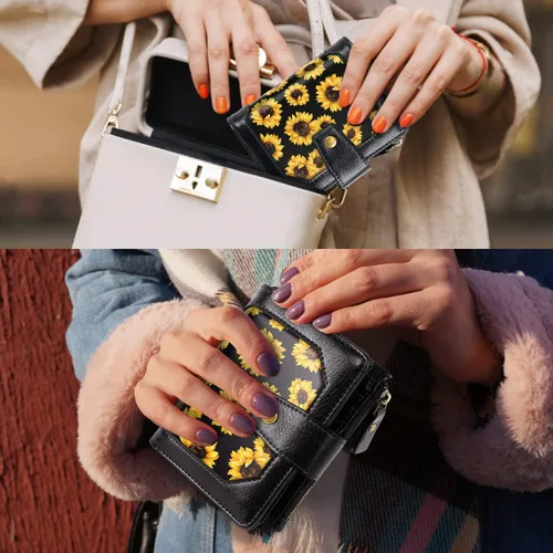Vista 7 de Simikol Cartera pequeña para mujer, monedero plegable con bloqueo RFID, tarjetero de crédito con bolsillo con cremallera, Girasol, Vintage
