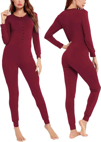 Vista 2 de LecGee Enterizo de pijama para mujer, conjunto de ropa interior de una pieza para adultos, conjunto de ropa interior modal de manga larga, traje