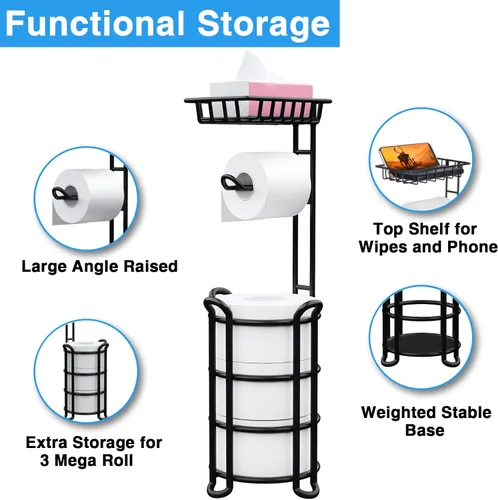 Vista 2 de Soporte de papel higiénico con estante, estante de almacenamiento de rollos de papel higiénico con dispensador para baño, color negro