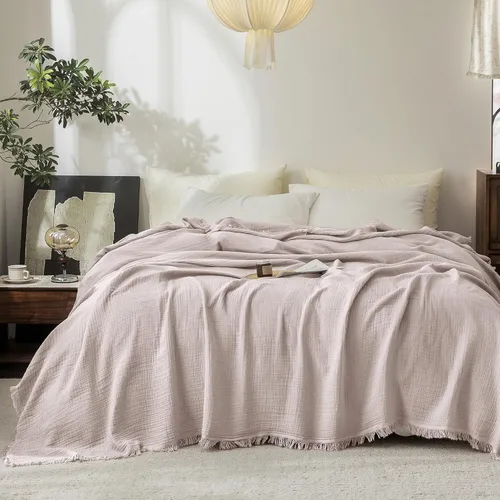 Vista 10 de FOSSA Manta de Muselina con Flecos - Gasa de Algodón 100% de 4 Capas Súper Suave y Transpirable - Manta Decorativa Ligera y Refrescante para Cama