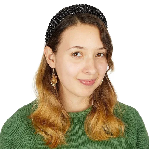 Vista 3 de Glamlily Diadema de terciopelo grueso – Accesorios para el cabello adornados con diamantes de imitación y perlas – Diadema acolchada con perlas