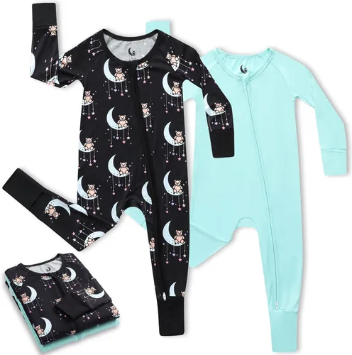 Vista 10 de Pijama de viscosa de bambú con cremallera de 2 vías para cambio de pañal, 0 a 24 meses, suave y elástico, paquete de 2 Oso azul