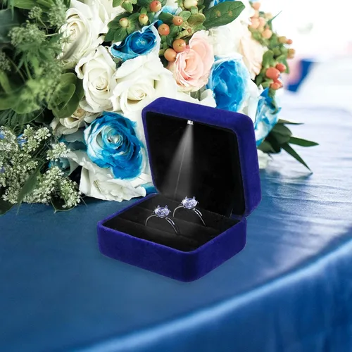 Vista 3 de Caja de anillo de terciopelo 2 ranuras con luz LED para compromiso Azul