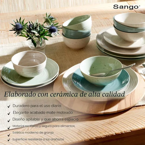 Vista 3 de Sango Siterra Artist's Blend - Juego de vajilla de gres de 16 piezas para 4, platos verdes, crema y blancos brillantes con motas, juegos de platos