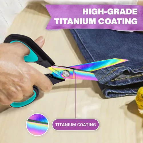 Vista 7 de Tijeras de tela, 9.5 pulgadas, de acero inoxidable con revestimiento de titanio, tijeras de costura extra afiladas para corte de tela, tijeras
