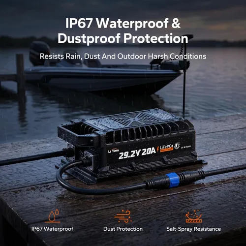 Vista 2 de LiTime Cargador de batería LiFePO4 de 24 V 20 A, IP67 impermeable de 24 V con activación de batería, cargador inteligente de 3 etapas para RV