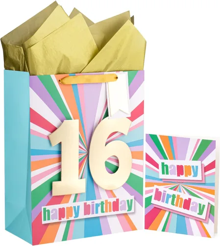 Vista 8 de WRAPAHOLIC Bolsa de regalo de cumpleaños grande de 13 pulgadas con tarjeta y papel de seda - 13 cumpleaños