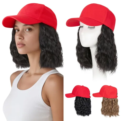 Vista 10 de Hairro Peluca de gorra de béisbol con cabello adjunto, corto estilo Bob ajustable, extensiones de cabello sintético para mujeres, balayage