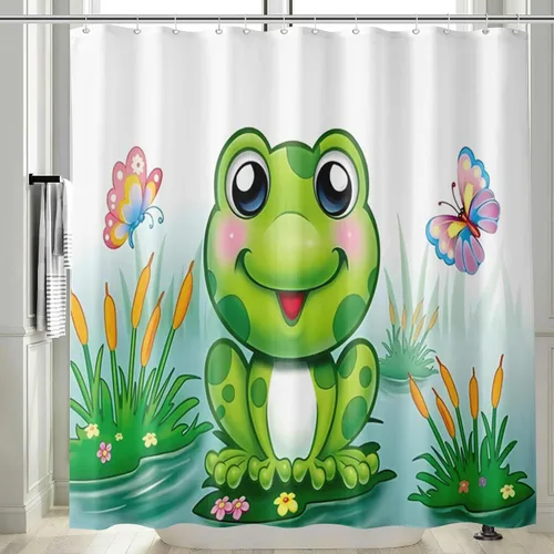 Vista 2 de Juego de 4 cortinas de ducha con diseño de rana divertida color verde con tapete de baño, diseño de rana en hojas, tapete de baño para niños, tapete