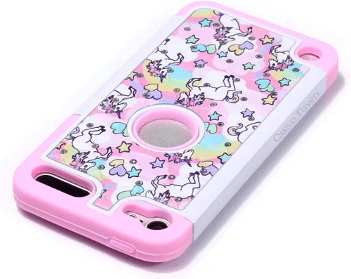 Vista 4 de Compatible con iPod Touch 5, 6ª, iPod 7ª generación, diseño de unicornio arco iris, a prueba de golpes, con diamantes de imitación, funda híbrida