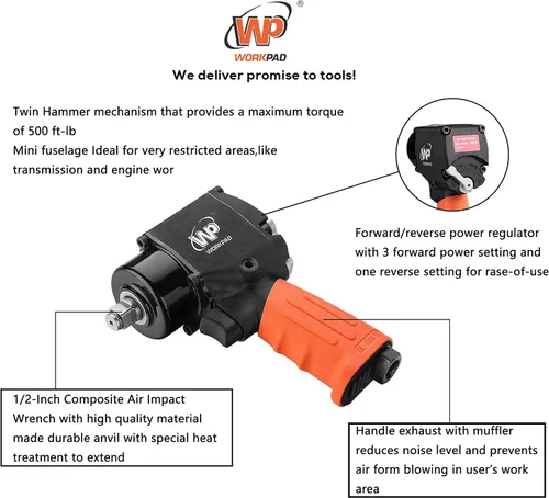Vista 4 de WORKPAD - Mini llave de impacto neumática de 1/2 pulgada con martillos gemelos, herramientas neumáticas