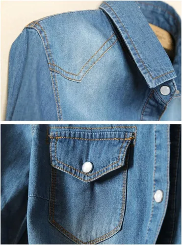 Vista 4 de happlan Camisa corta corta de mezclilla con solapa y manga 34 para mujer