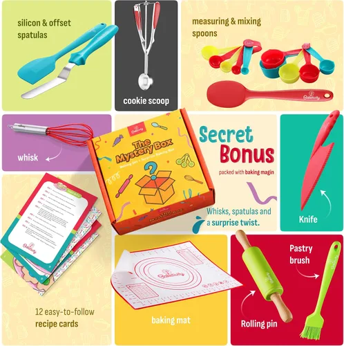 Vista 3 de Baketivity Caja misteriosa – Utensilios de cocina reales para niños – Accesorios de cocina seguros, duraderos y divertidos – Regalo para jóvenes