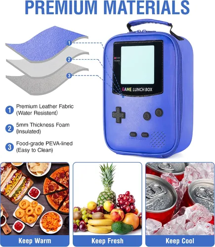 Vista 4 de Boys Lunch Box,Gamer Lunch Box for Boys Kids,Leather Insulated Lunch Bag for Kids,School Thermal Meal Cooler Lunch Boxes for Boy Kid