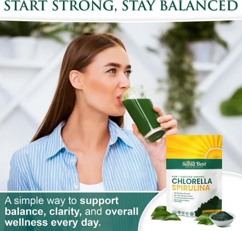 Vista 5 de Sunlit Best USDA Organic Chlorella Spirulina en polvo – Fuente 100% cruda y vegana de proteína y clorofila Bebida energética de superalimentos sin