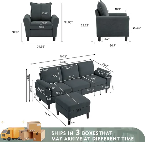 Vista 2 de Juego de sofá seccional convertible de 79", sofá moderno pequeño en forma de L de lino con otomana reversible y silla de acento, sofás de 3 asientos