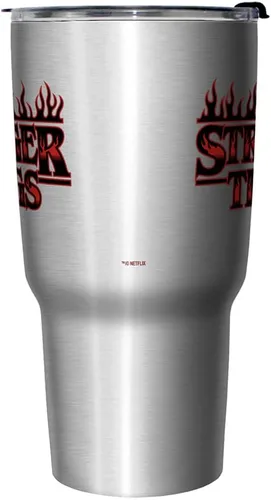 Vista 2 de Netflix Stranger Things Stranger Flame Logo - Taza de viaje de acero inoxidable de 27 onzas, multicolor