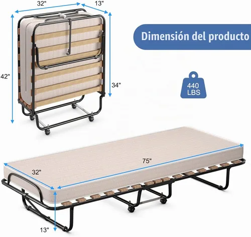 Vista 3 de Giantex Cama plegable con colchón para adultos, camas de invitados plegables con colchón de espuma viscoelástica y marco de metal, fabricada