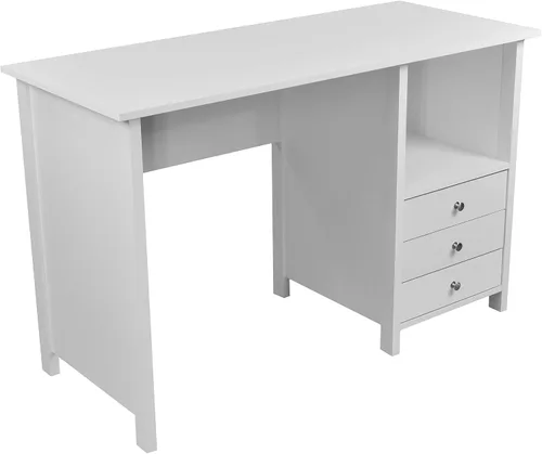 Vista 5 de Techni Mobili Escritorio blanco con cajones: escritorio de oficina pequeño con 3 cajones de gabinete, estante abierto y paneles de madera laminada