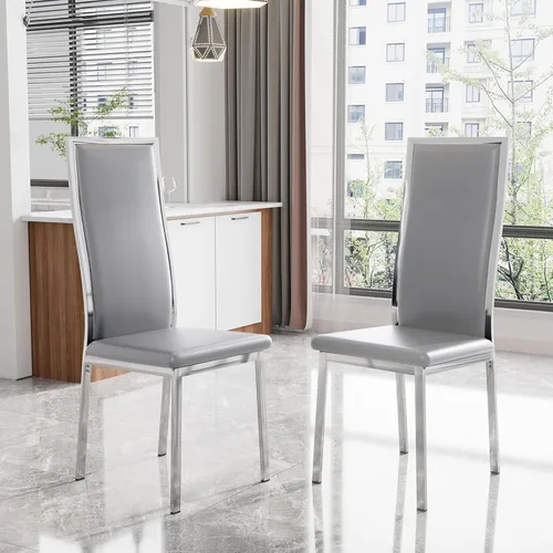 Vista 13 de Juego de 2 sillas de comedor modernas, piel sintética negra con patas de metal dorado cromado, diseño de respaldo alto curvo y acolchado tipo nube