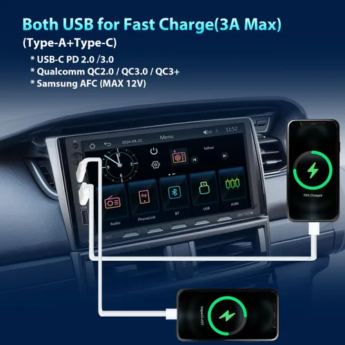 Vista 4 de Estéreo para coche de doble din, 7 pulgadas, pantalla táctil inalámbrica CarPlay/Android Auto Bluetooth AM/FM Radio Mirror Link Tipo-C USB