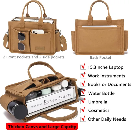 Vista 2 de Bolso de mano para mujer con compartimentos, bolso grande de lona para mujer, bolso cruzado de trabajo, portátil, bolsa de libros, bolsos de hombro