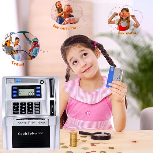Vista 4 de Alcancía estilo cajero automático para dinero real para niños y adultos, alcancía de juguete con tarjeta, contraseña, reconocimiento de monedas