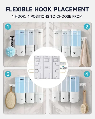 Vista 5 de AIKE Dispensador de champú y acondicionador,Dispensador de jabón 3 cámaras Blanco