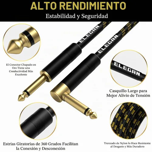 Vista 2 de Cable de guitarra de 4 pies/paquete de 2 - Ángulo recto + recto a recto, cable para instrumentos - nylon trenzado chapado en oro - 90 grados, 1/4