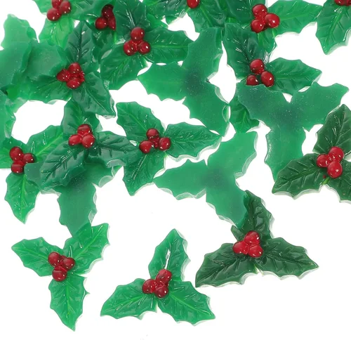 Vista 7 de Abaodam 120 piezas de bayas de acebo de Navidad con hojas verdes, parches de Navidad, bayas de acebo artificiales de Navidad, micro hojas