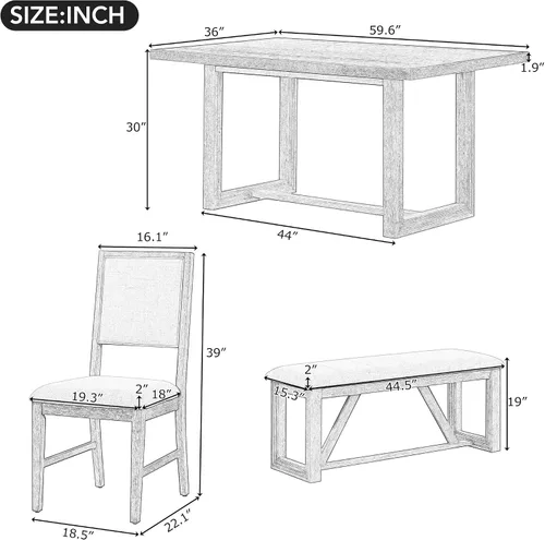 Vista 2 de Merax Juego de sillas de comedor de 6 piezas, mesa rectangular de madera de caucho retro con base de caballete diseñada y 4 sillas tapizadas y 1 Gris