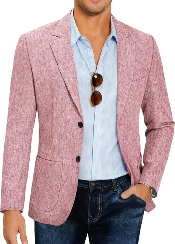 Vista 11 de COOFANDY Mens Blazer Casual Slim Fit Sport Coats Lightweight Sport Jacket Linen Textured Blazer, Two Button Suit Jacket, Patch Pockets, Plaid B