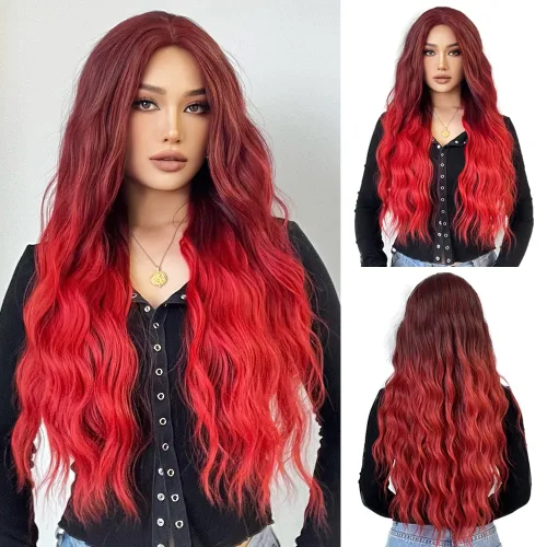 Vista 26 de Esmee Pelucas largas de color castaño rojizo ombré para mujer, peluca de cabello sintético ondulado y rizado natural para uso diario, fiestas
