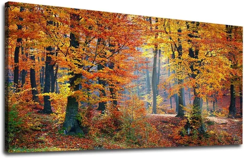 Vista 9 de Arte de pared grande con atardecer en el bosque, imagen de paisaje de Otoño Bosque Pu