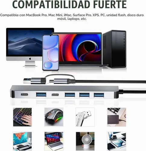 Vista 7 de 【Actualización】 Concentrador USB C/USB, BERLAT Aluminio 7 en 1 USB C y Hub USB con USB 3.0, puertos USB 2.0 para PC/portátiles/MacBook