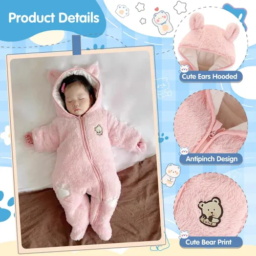 Vista 2 de Fairy Baby Traje de nieve para bebé recién nacido, con oso y mameluco de forro polar grueso, abrigo infantil para niñas y niños de 0 a 12 meses