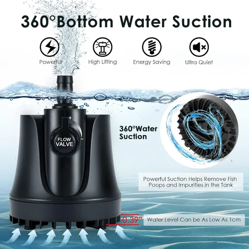 Vista 2 de AQQA Bomba de agua sumergible para acuario de 265-800 GPH con interruptor ajustable, eliminación de agua y bomba de limpieza de sumidero de drenaje